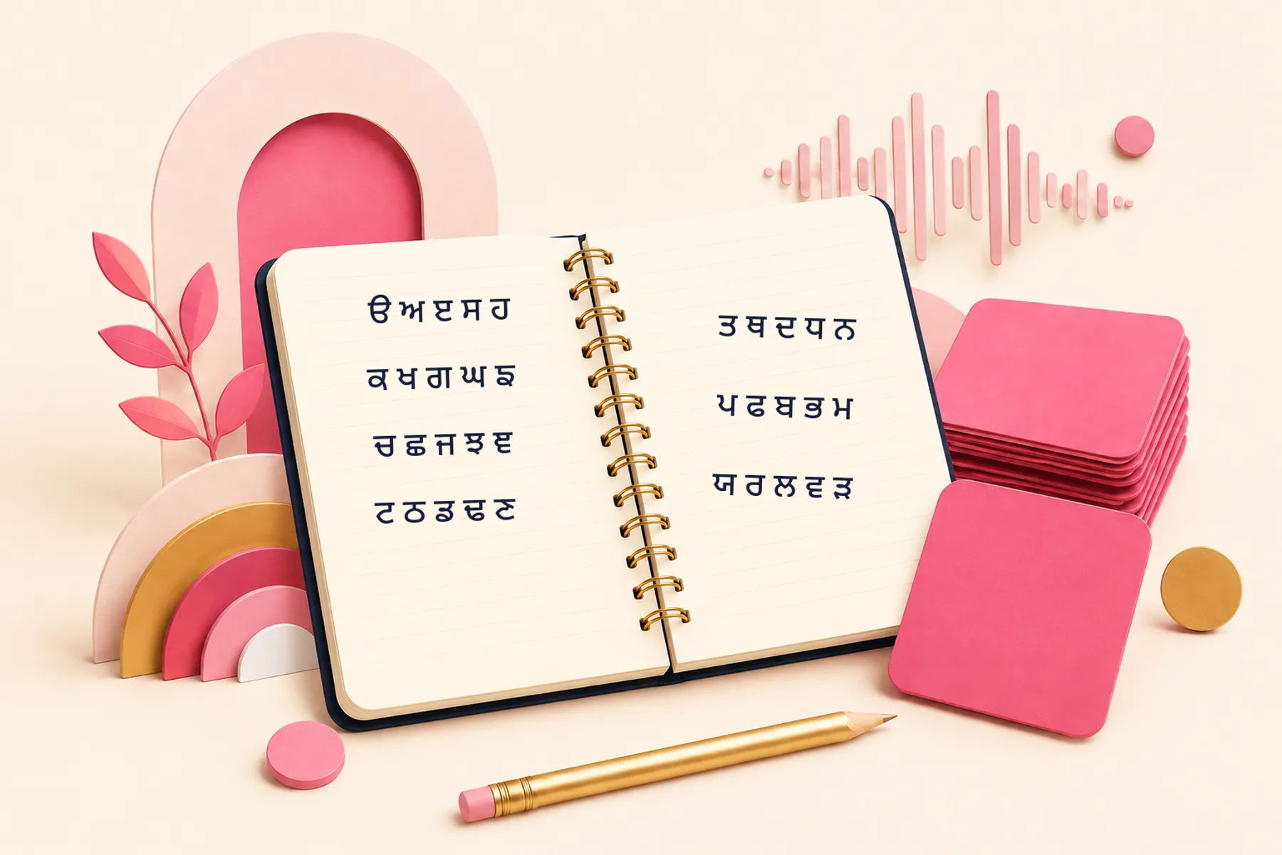 Open Punjabi learning notebook beside pink study cards and a pencil