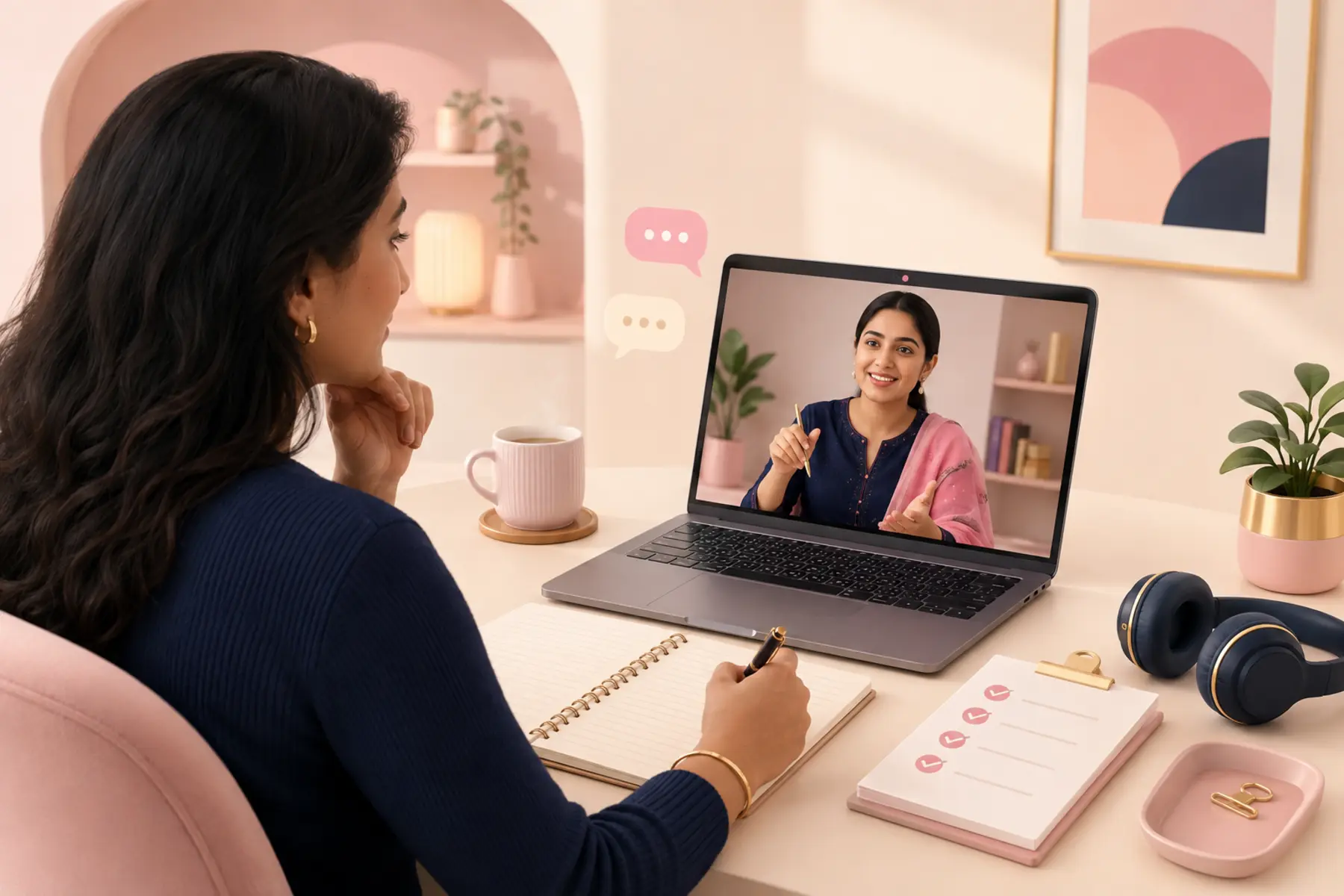 Adult learner evaluating a friendly one-to-one Punjabi tutor on a laptop with lesson notes and a checklist
