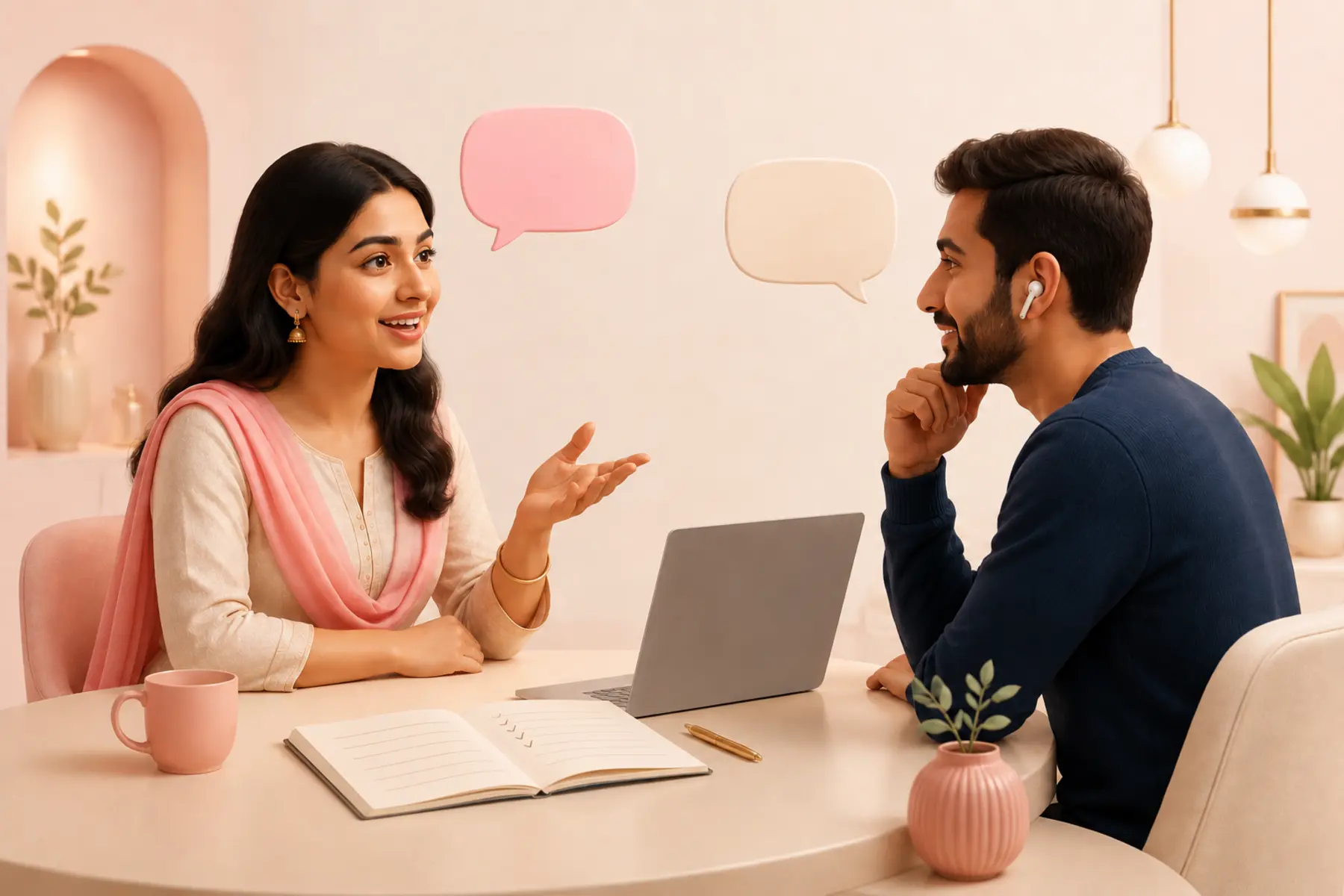 Two adult Punjabi learners practising a friendly introduction with a laptop and notebook