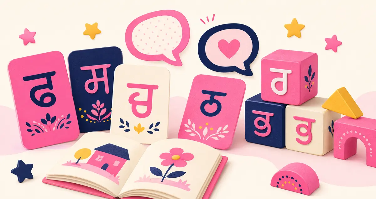 Bright pink Punjabi learning cards, blocks, speech bubbles, and a children’s picture book