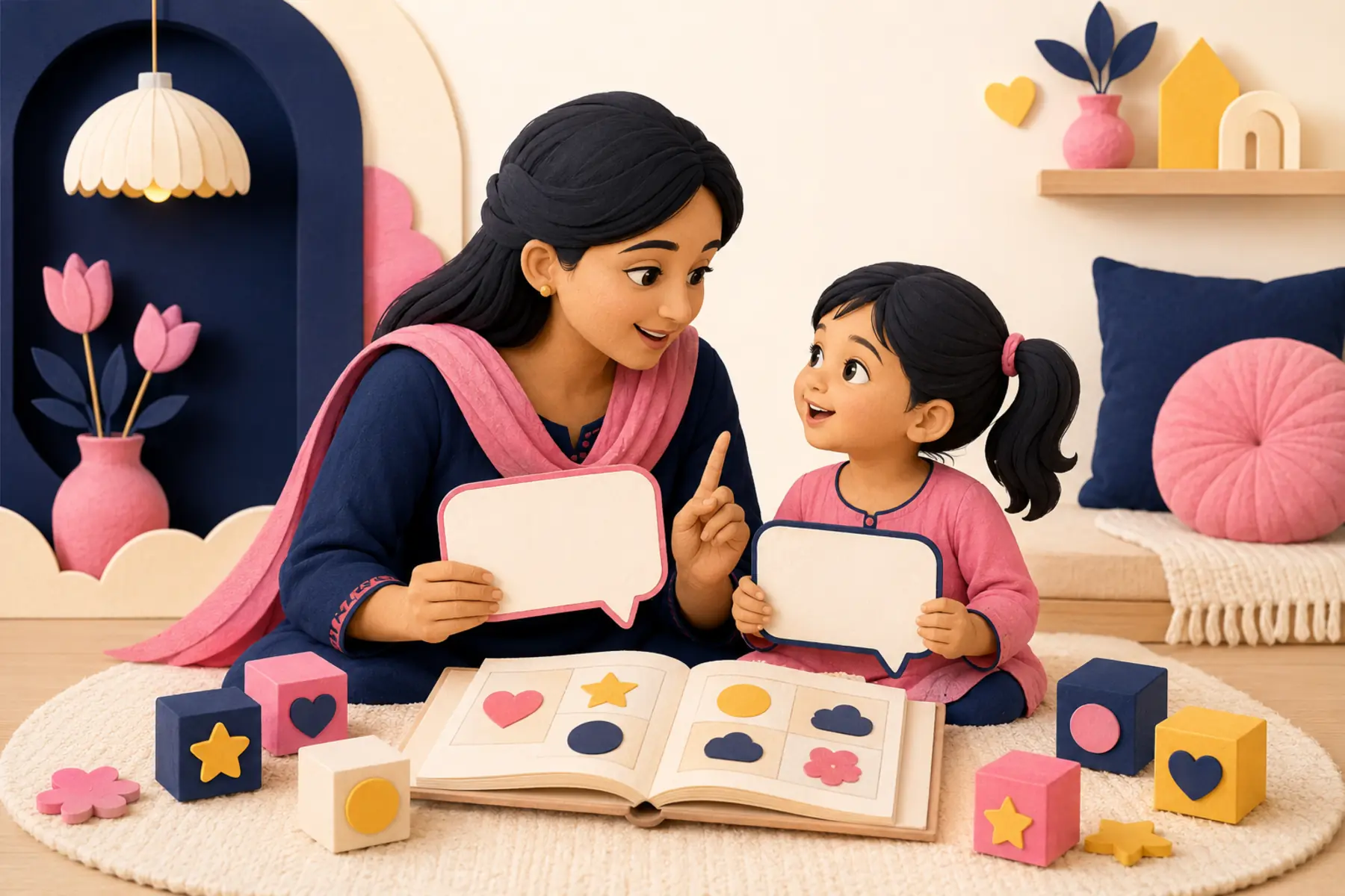 South Asian parent and child practising Punjabi conversation at home with picture cards and learning blocks