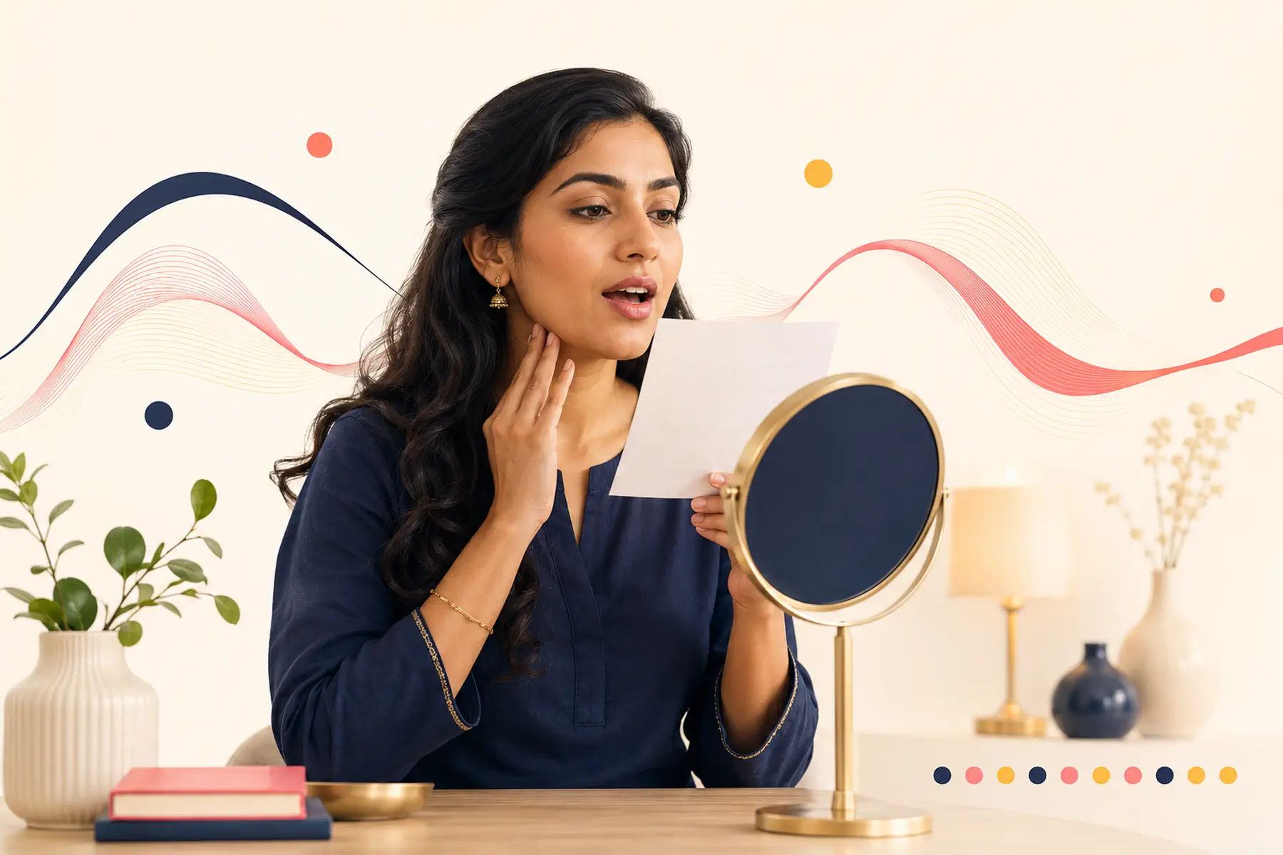 Punjabi learner checking mouth position and airflow while practising pronunciation