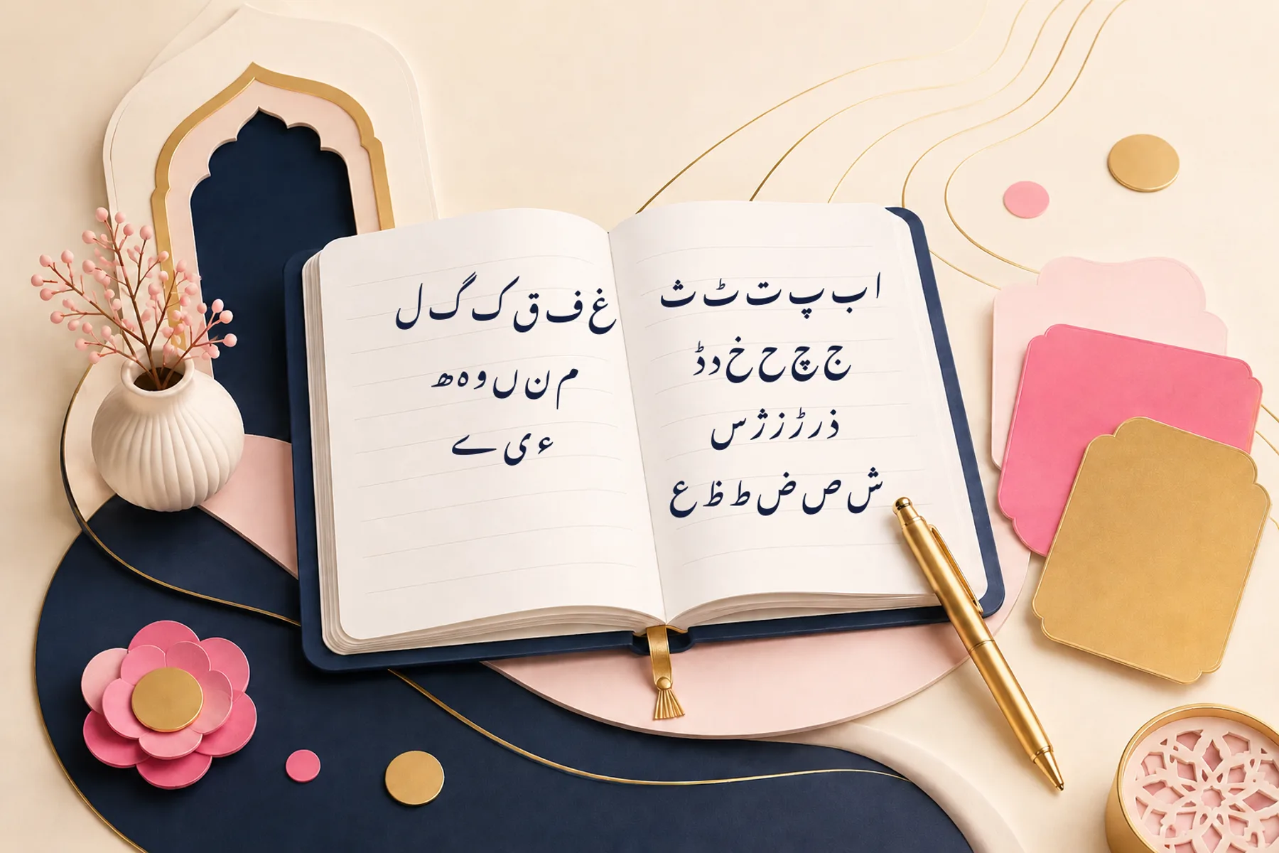 Punjabi writing practice materials with pink study cards on a cream background