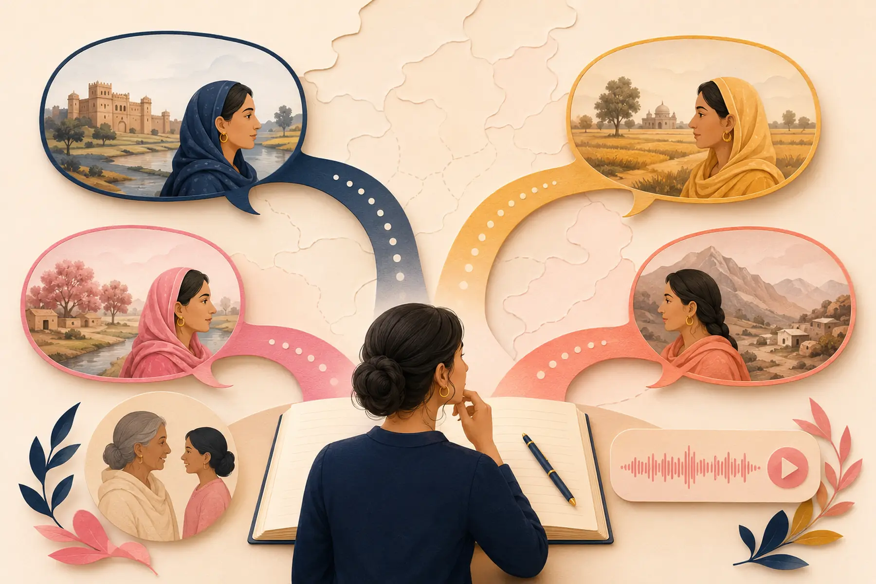 Learner comparing four Punjabi conversation pathways connected to family and region