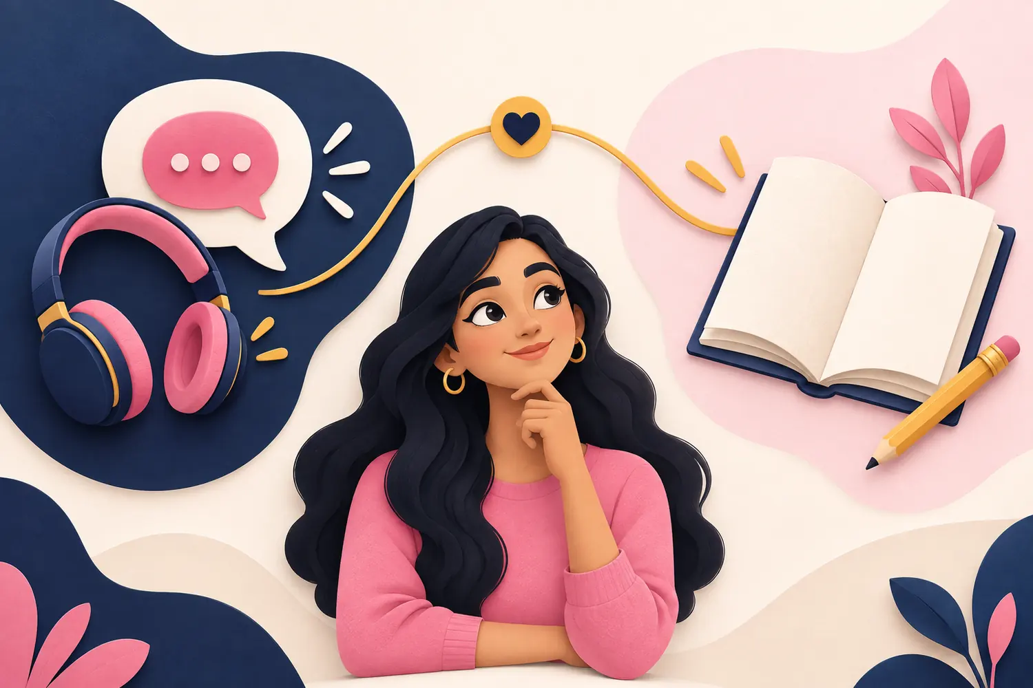 Learner considering Punjabi speaking practice and reading an open book